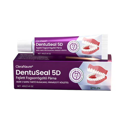 CleraNaure® DentuSeal 5D – Fejlett műfogsorrögzítő ThermoBond technológiával | ⏱️ Akár 96 órás stabil tartás | ☁️ Párnázott kényelem | ✨ Kevesebb ragacsos maradvány | 🌿 Cinkmentes formula 🦷