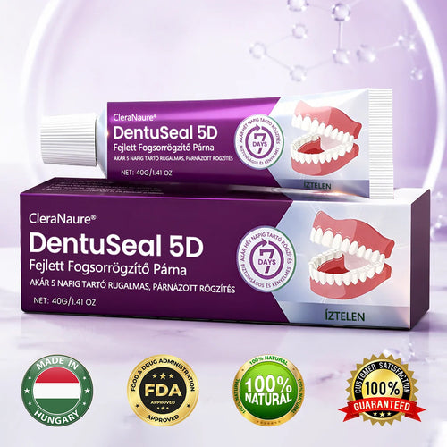 CleraNaure® DentuSeal 5D – Fejlett műfogsorrögzítő ThermoBond technológiával | ⏱️ Akár 96 órás stabil tartás | ☁️ Párnázott kényelem | ✨ Kevesebb ragacsos maradvány | 🌿 Cinkmentes formula 🦷