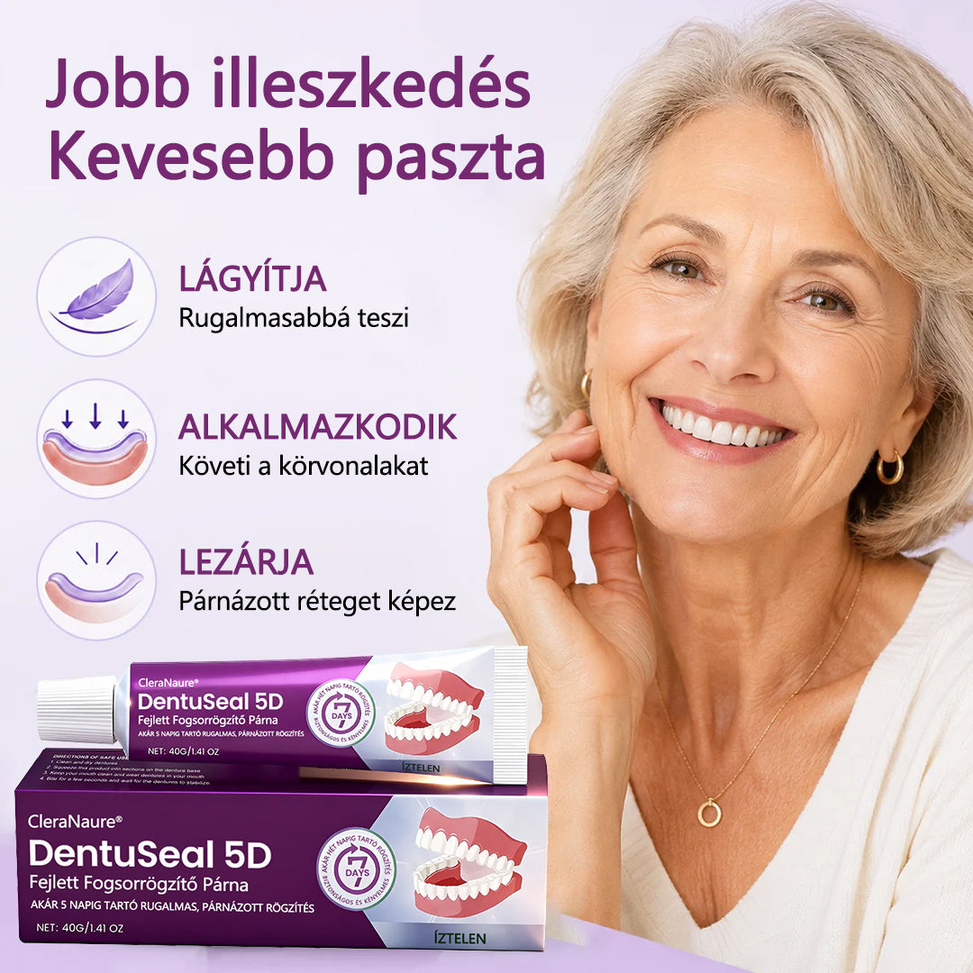 CleraNaure® DentuSeal 5D – Fejlett műfogsorrögzítő ThermoBond technológiával | ⏱️ Akár 96 órás stabil tartás | ☁️ Párnázott kényelem | ✨ Kevesebb ragacsos maradvány | 🌿 Cinkmentes formula 🦷