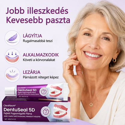 CleraNaure® DentuSeal 5D – Fejlett műfogsorrögzítő ThermoBond technológiával | ⏱️ Akár 96 órás stabil tartás | ☁️ Párnázott kényelem | ✨ Kevesebb ragacsos maradvány | 🌿 Cinkmentes formula 🦷