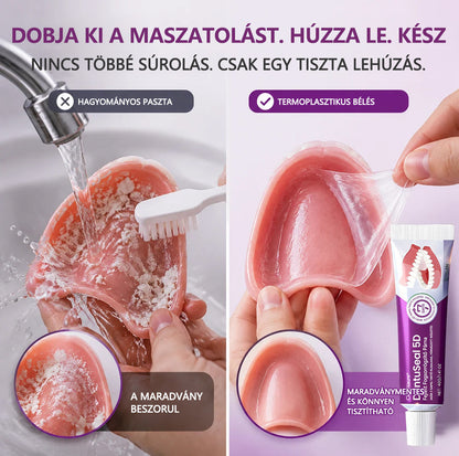 CleraNaure® DentuSeal 5D – Fejlett műfogsorrögzítő ThermoBond technológiával | ⏱️ Akár 96 órás stabil tartás | ☁️ Párnázott kényelem | ✨ Kevesebb ragacsos maradvány | 🌿 Cinkmentes formula 🦷