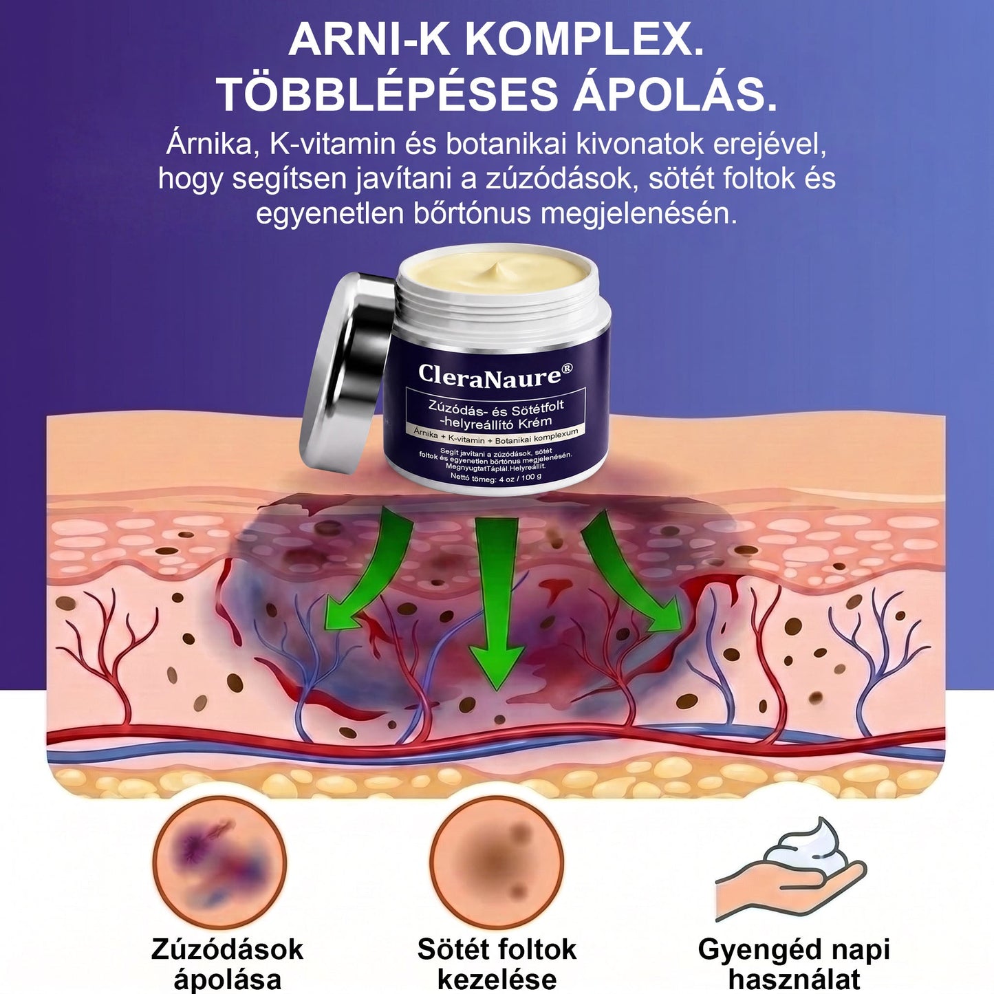 ✨ CleraNaure® Arni-K Recovery Complex | 🌿 Arnica + K-vitaminos Testápoló | 🟣 Zúzódásnyomok & Elszíneződések | 🌑 Sötét & Pigmentfoltok | 💧 Egyenetlen Bőrtónus | 🌸 Mindennapi Ápolás 🔥
