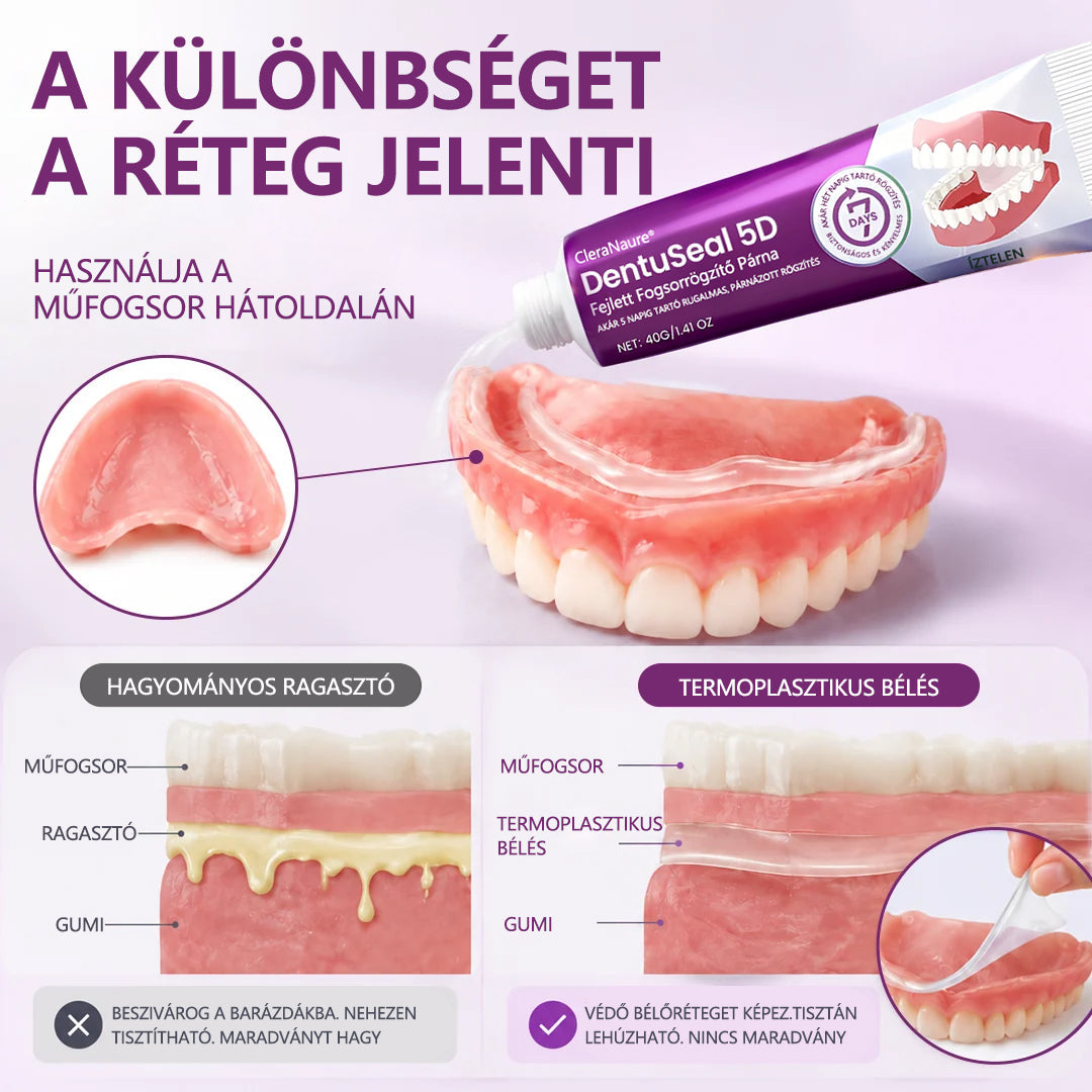 CleraNaure® DentuSeal 5D – Fejlett műfogsorrögzítő ThermoBond technológiával | ⏱️ Akár 96 órás stabil tartás | ☁️ Párnázott kényelem | ✨ Kevesebb ragacsos maradvány | 🌿 Cinkmentes formula 🦷