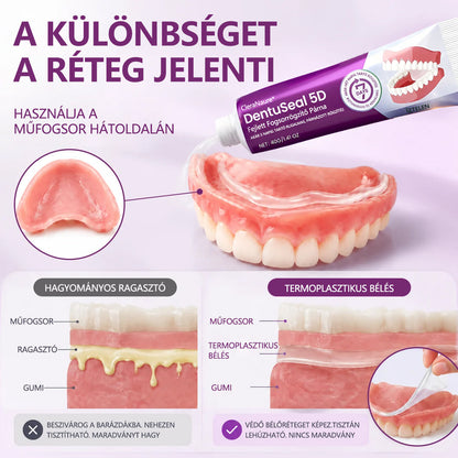 CleraNaure® DentuSeal 5D – Fejlett műfogsorrögzítő ThermoBond technológiával | ⏱️ Akár 96 órás stabil tartás | ☁️ Párnázott kényelem | ✨ Kevesebb ragacsos maradvány | 🌿 Cinkmentes formula 🦷