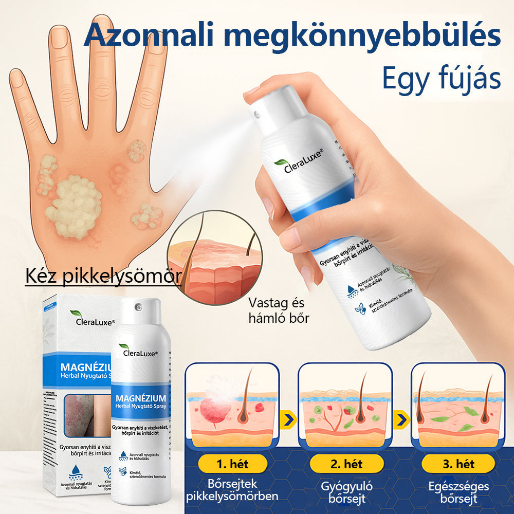 CleraNature® Magnéziumos Gyógyfüves Bőrnyugtató Spray ✨ – Természetes Növényi Formula Száraz, Érzékeny és Problémás Bőr Mindennapi Ápolására 🌿