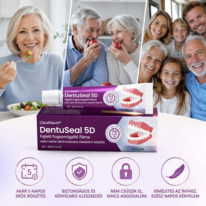 CleraNaure® DentuSeal 5D – Fejlett műfogsorrögzítő ThermoBond technológiával | ⏱️ Akár 96 órás stabil tartás | ☁️ Párnázott kényelem | ✨ Kevesebb ragacsos maradvány | 🌿 Cinkmentes formula 🦷
